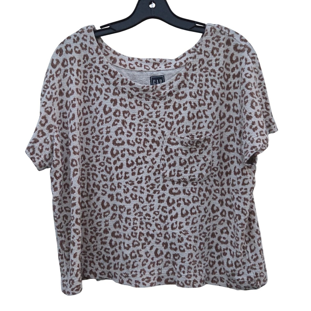 GAP Preppy Slub Leopard Print Short Sleeve Pocket Tee Box Knit Terry Norm Medium
